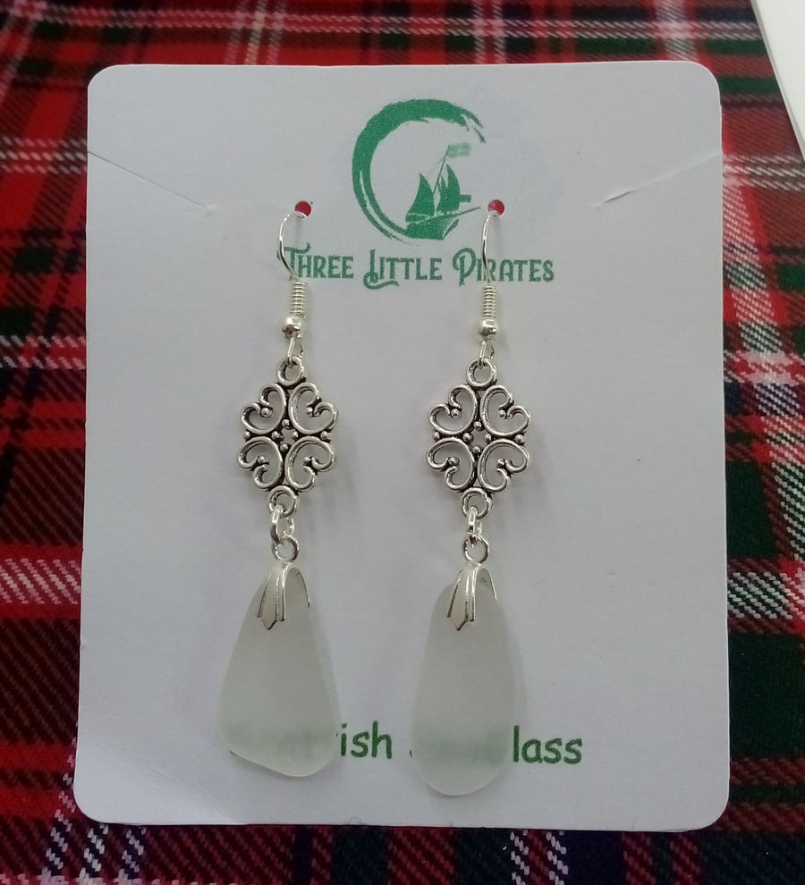 Dangly Scottish seaglass earrings in white with flower detail