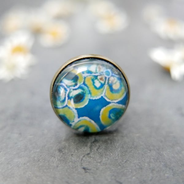 Teal Floral Ring, Whimsical Art Adjustable Ring, Statement Jewellery Flowers 