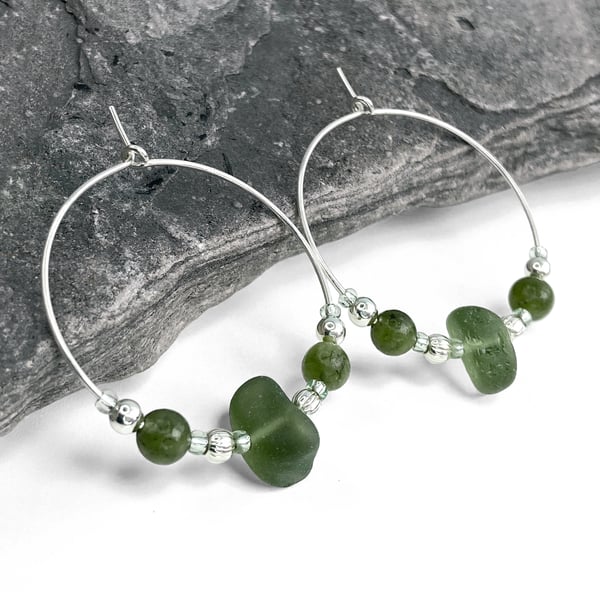 Sea Glass Hoop Earrings. Large Green Sterling Silver Jade Crystal Beaded Hoops