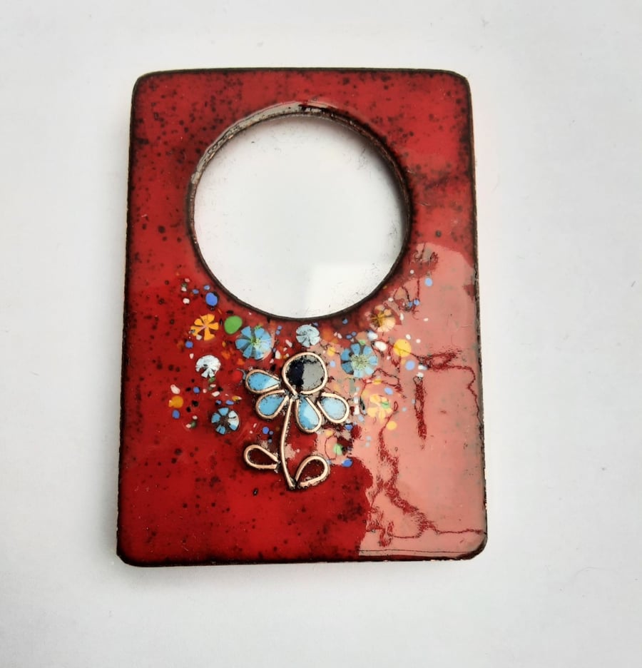 Enamelled photo frame in copper with molten glass flowers - RED