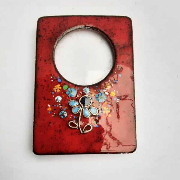 Enamelled photo frame in copper with molten glass flowers - RED