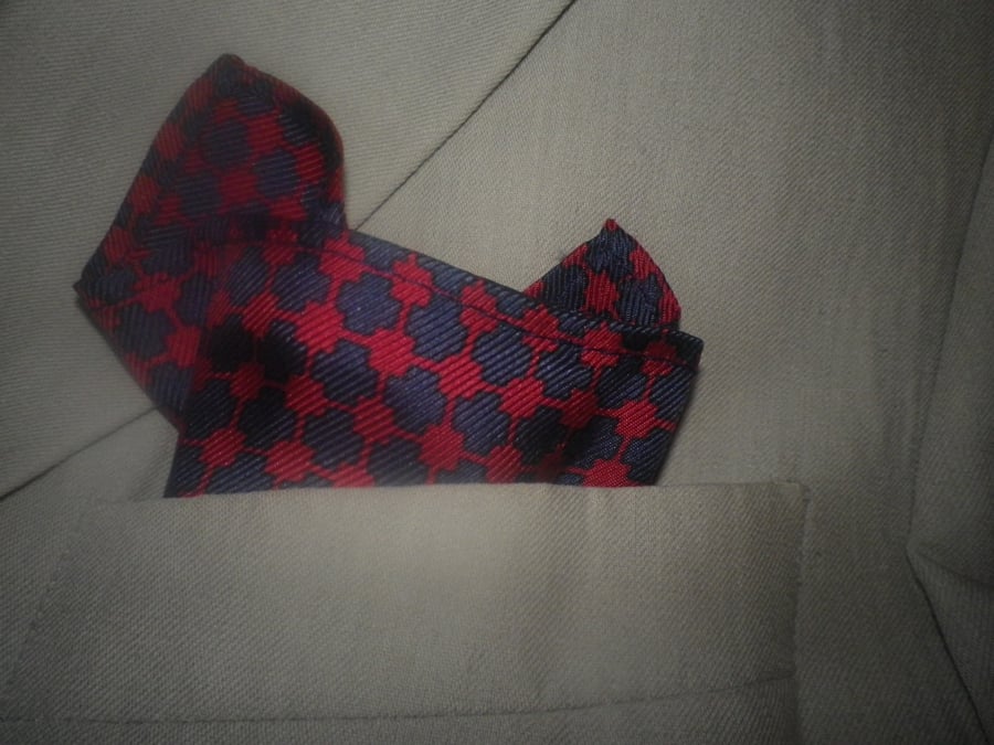 Navy  linked motif on red  pure silk pocket square, 25x25cm, free shipping