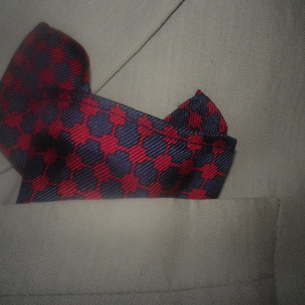 Navy  linked motif on red  pure silk pocket square, 25x25cm, free shipping