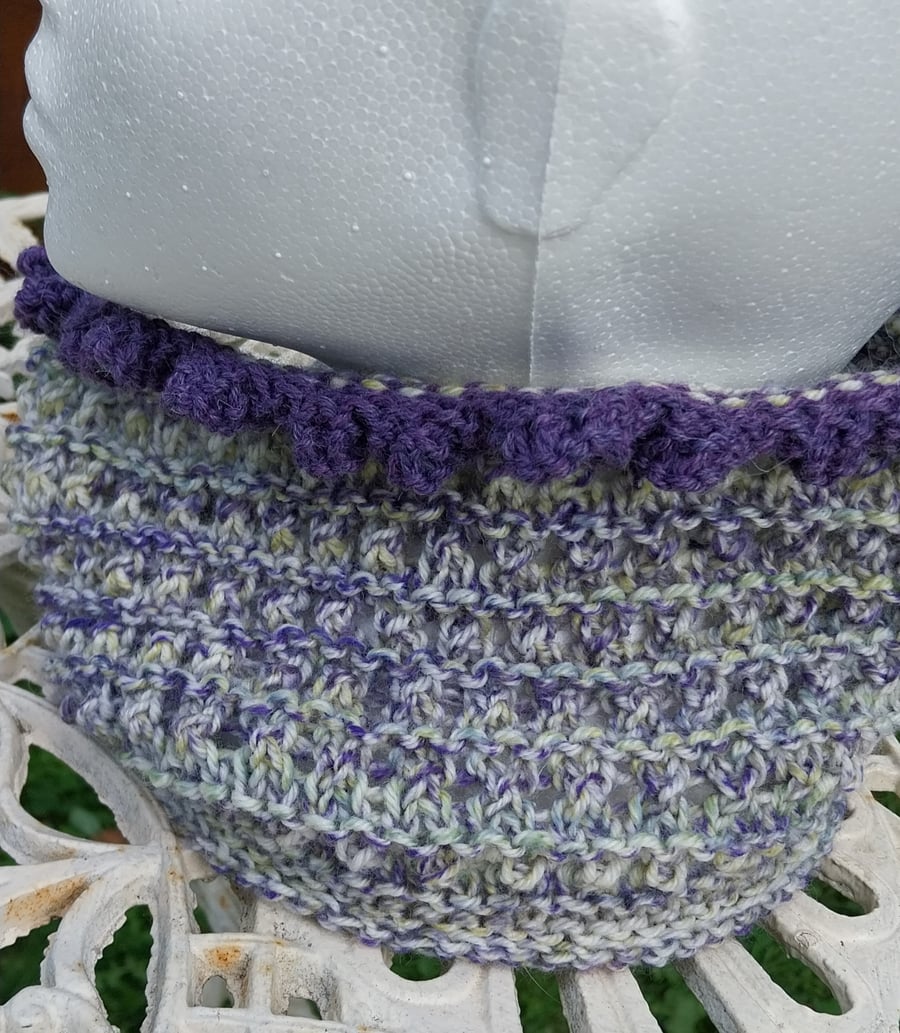 HANDKNIT Eyelet circular cowl with curly edge purple and green