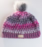 Hat crochet with handmade faux fur detachable pompom grey - Image 2