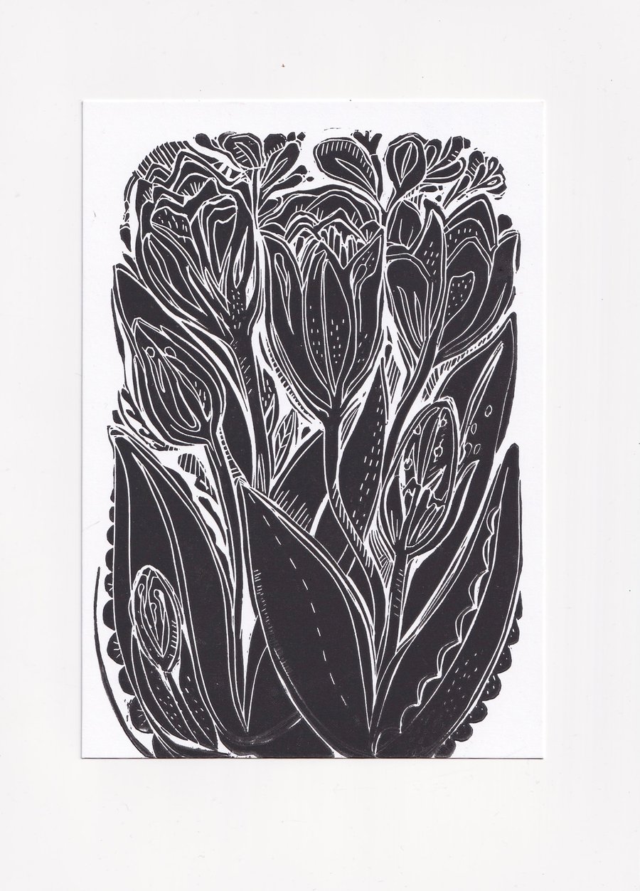 A5 Linocut Print -Tulips & Freesias.