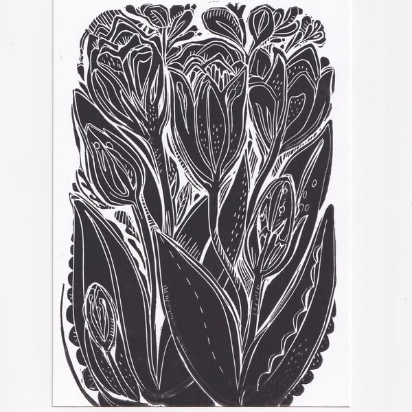 A5 Linocut Print -Tulips & Freesias.