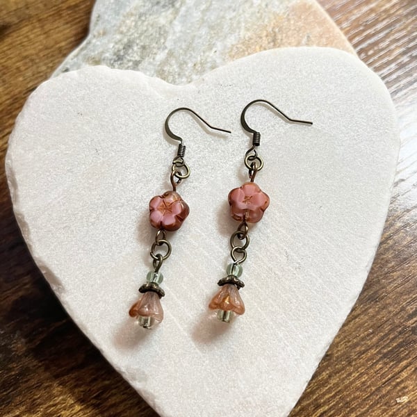 Long Rose pink floral boho flower earrings 