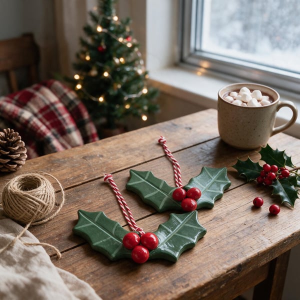 Pair of Air Dry Clay Holly & Berries Christmas Tree Hanging Decorations