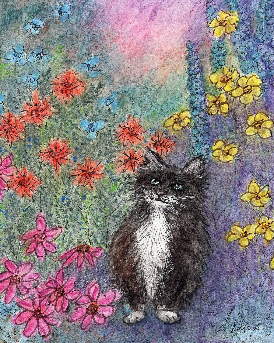 Tuxedo cat in garden original mini painting ACEO art card Susan Alison