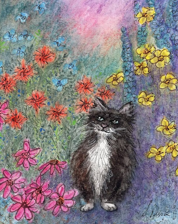 Tuxedo cat in garden original mini painting ACEO art card Susan Alison