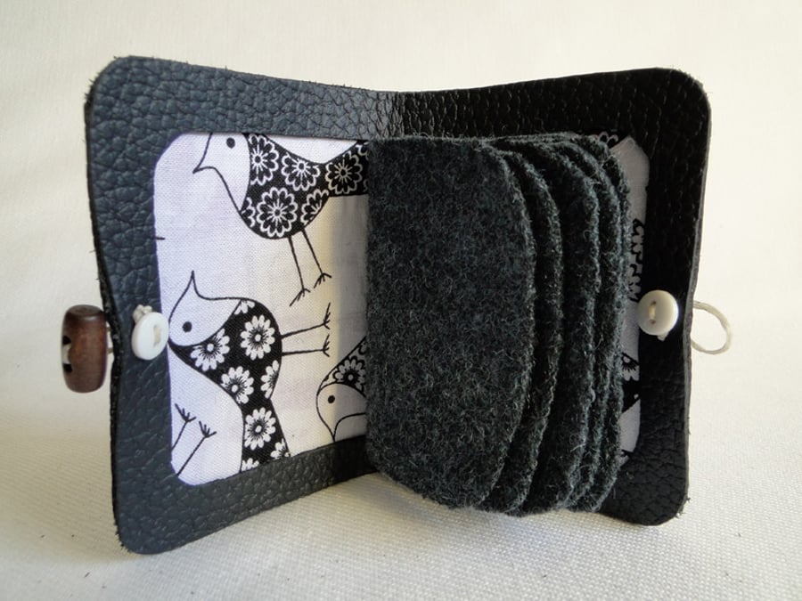 Needle Case in Black Leather with Bird Fabric Interior - Needle Book