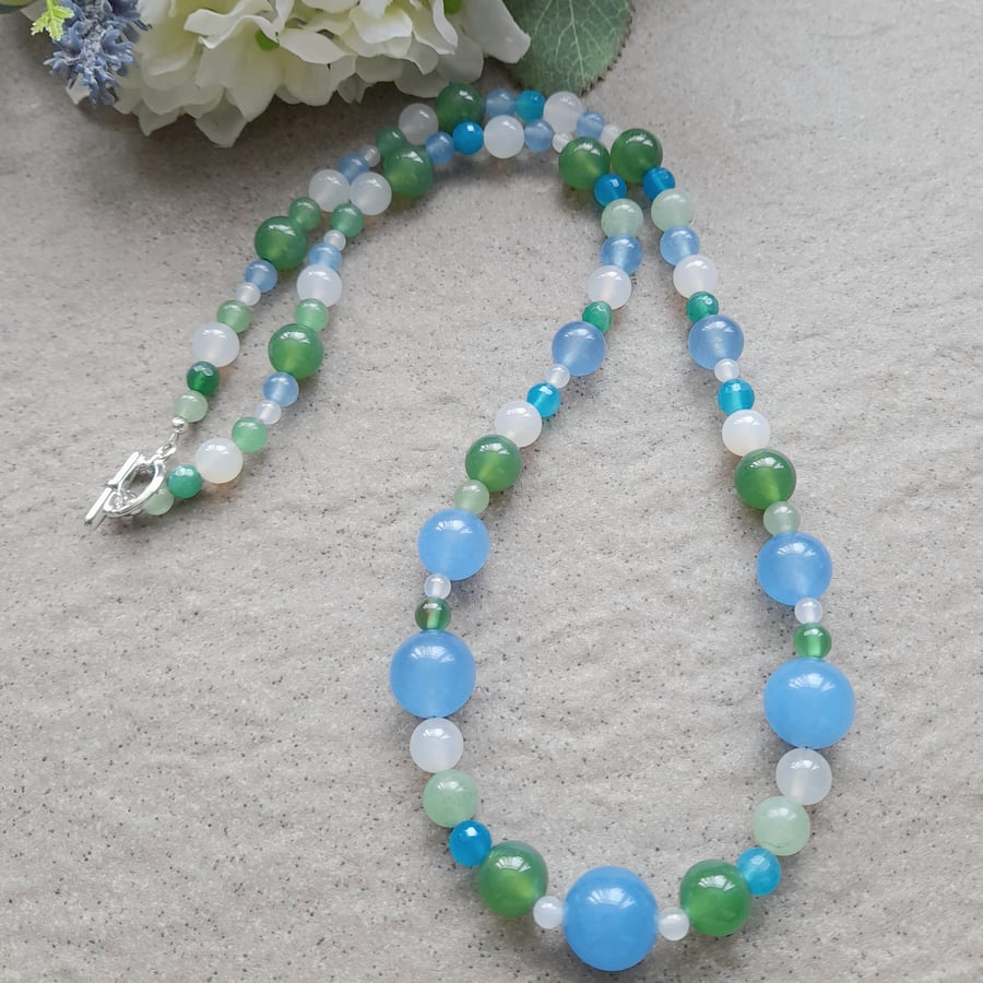  Agate Quartz and Aventurine Blue Green Beaded Necklace 