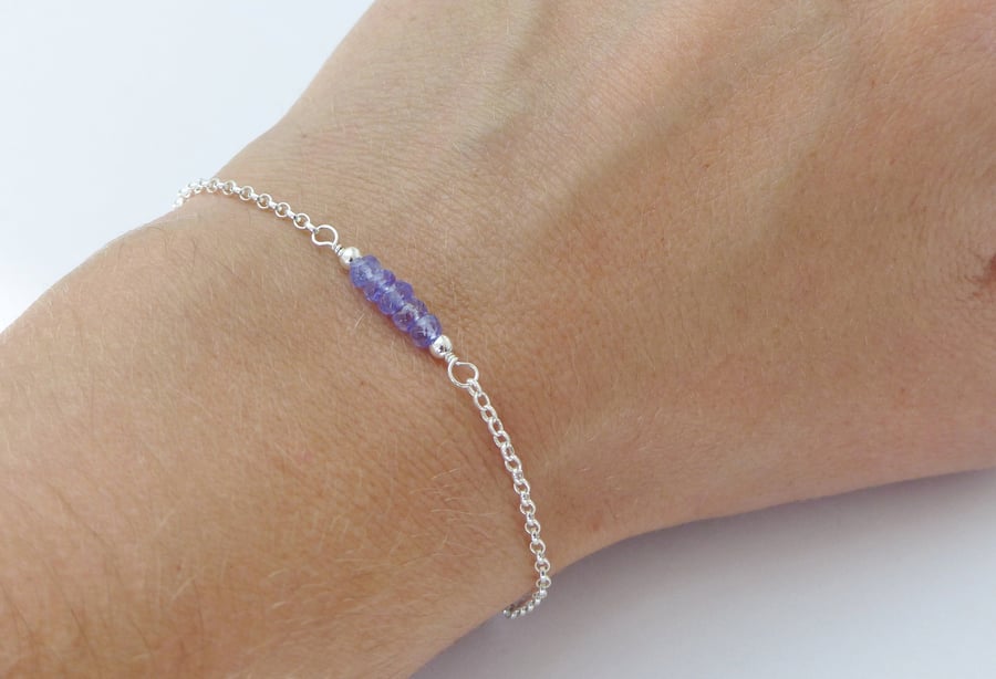 Tanzanite bead bar sterling silver adjustable bracelet, December birthstone