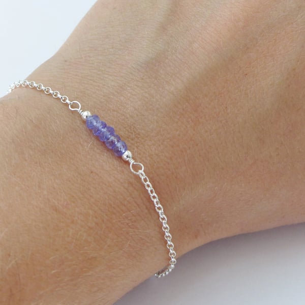 Tanzanite bead bar sterling silver adjustable bracelet, December birthstone