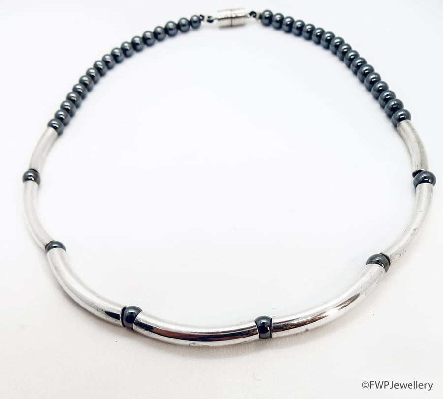 Silver Tube and Hematite Bead Necklace, Magnetic Clasp