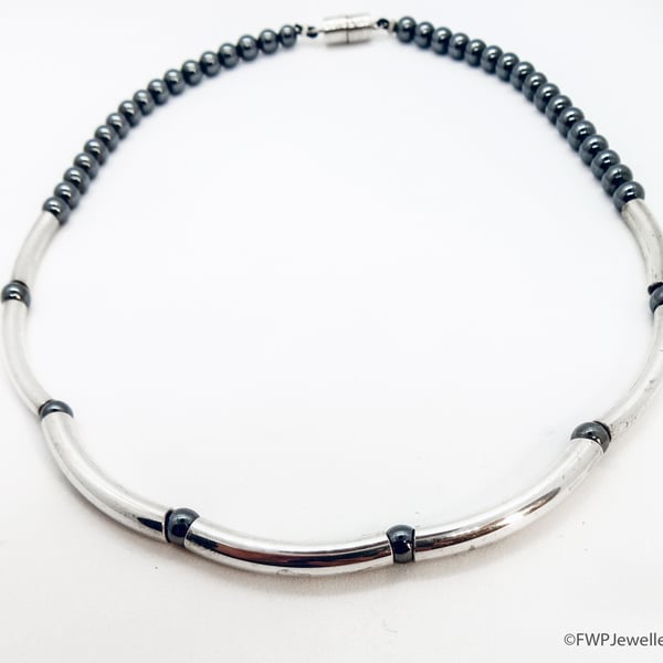 Silver Tube and Hematite Bead Necklace, Magnetic Clasp