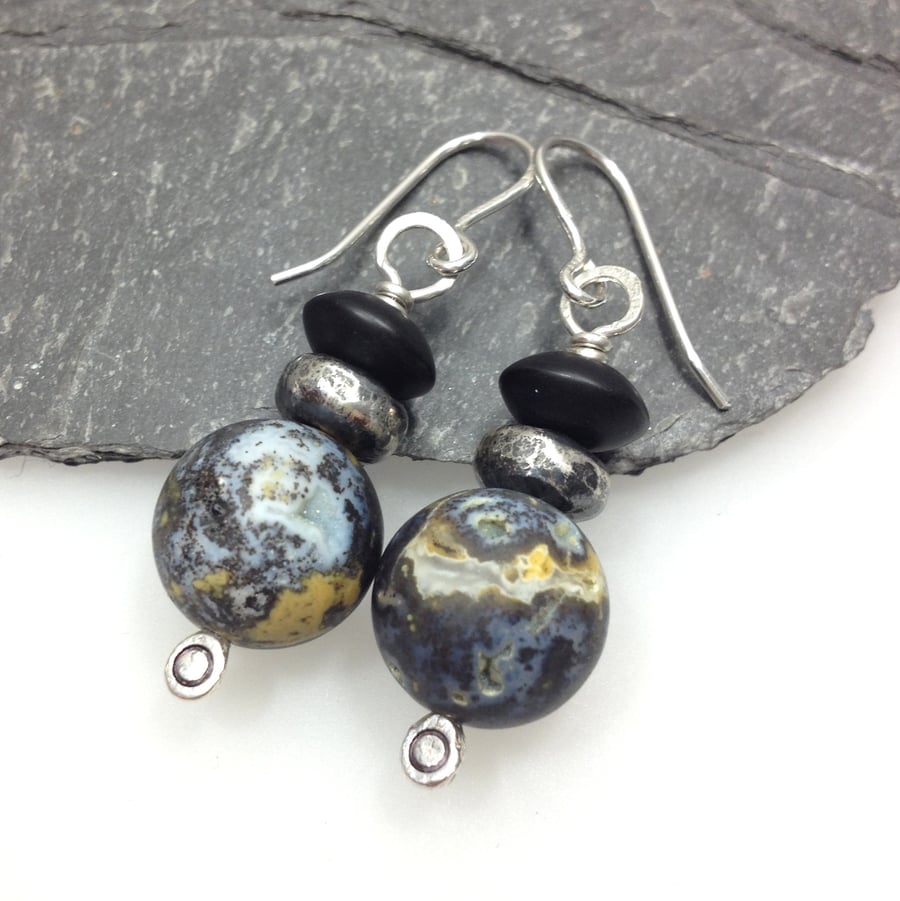 Silver Ocean Jasper and black agate earrings