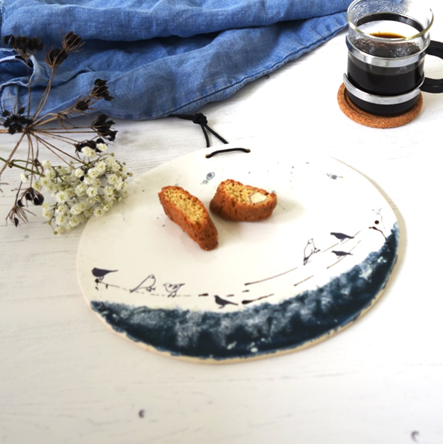 Bluegreen and white ceramic platter, birds on a wire oval dish, handmade pottery