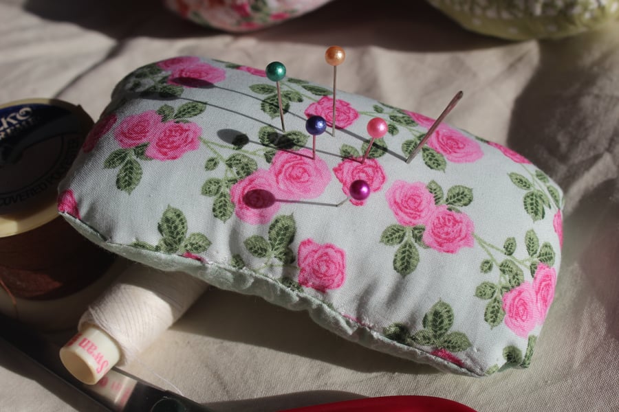 Green and Pink Rose Rectangle Pin Cushion
