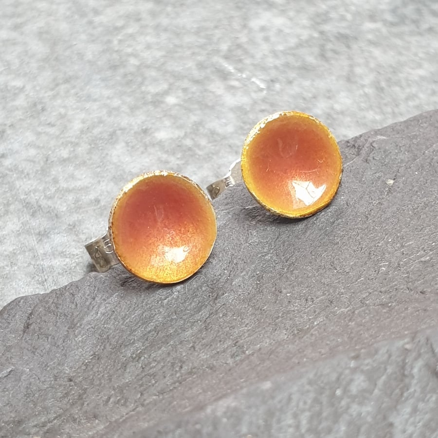 Orange enamel studs, Small round earrings, Colourful jewellery