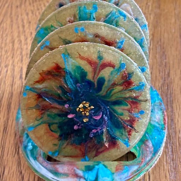 Set of Alcohol Ink And Resin Coasters In Rack