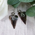 Earrings, Sterling Silver and Copper Long Heart Dropper Earrings