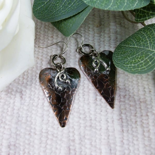 Earrings, Sterling Silver and Copper Long Heart Dropper Earrings