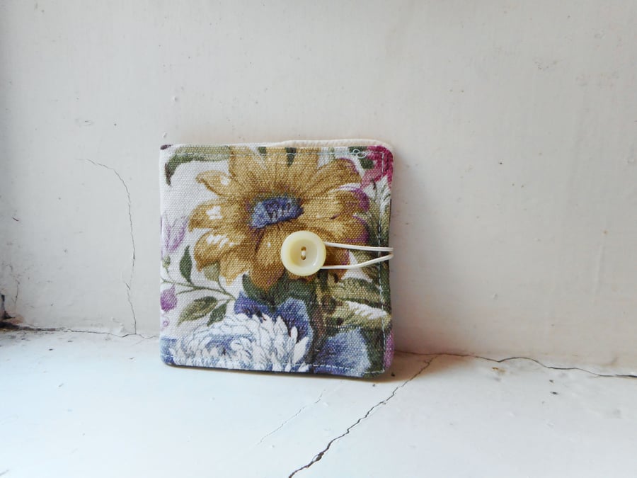 Teabag or card wallet in vintage fabric with button fastening