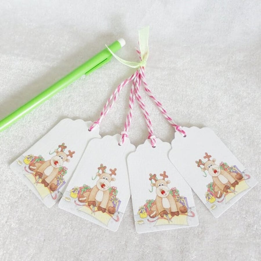 Rudolph Reindeer Christmas Gift Tags - set of 4 gift tags