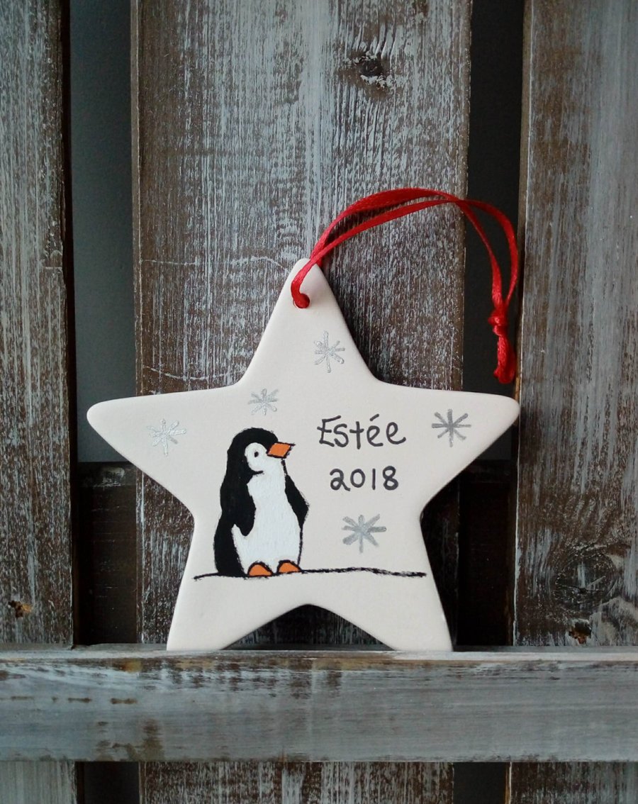 Penguin ceramic star, penguin Christmas decoration, first Christmas decoration