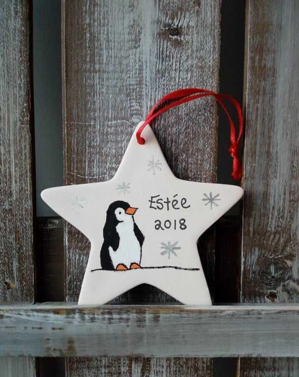Penguin ceramic star, penguin Christmas decoration, first Christmas decoration