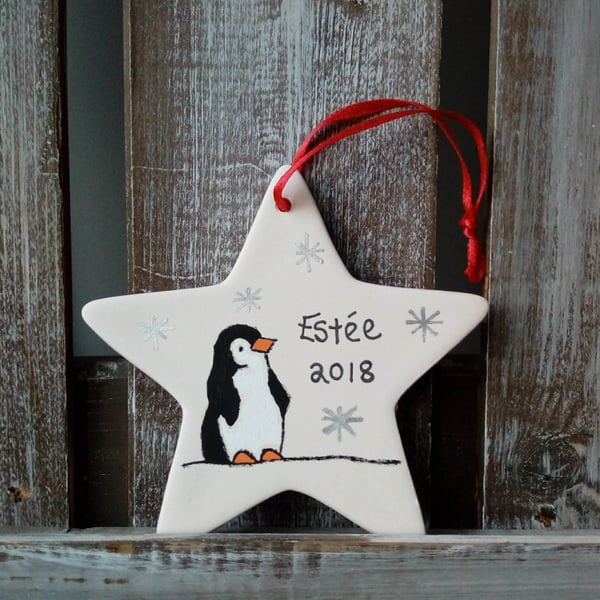 Penguin ceramic star, penguin Christmas decoration, first Christmas decoration