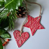 2 Christmas scandi style clay hanging decorations red rustic decor FREE DELIVERY