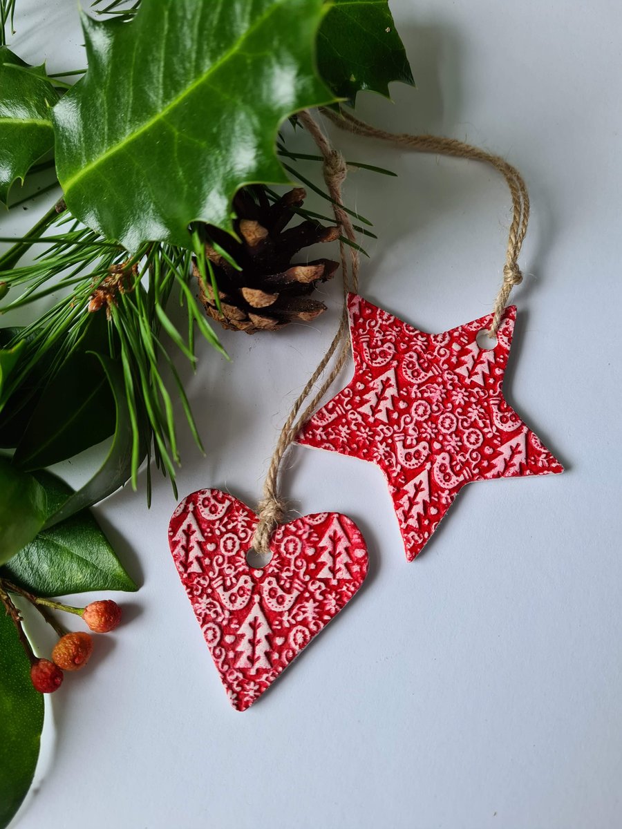 Christmas scandi style heart and star set red clay hanging decorations rustic