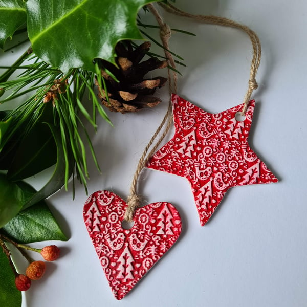 Christmas scandi style heart and star set red clay hanging decorations rustic