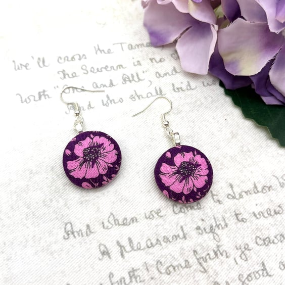 Deep plum and pink daisy floral fabric button dangle earrings 