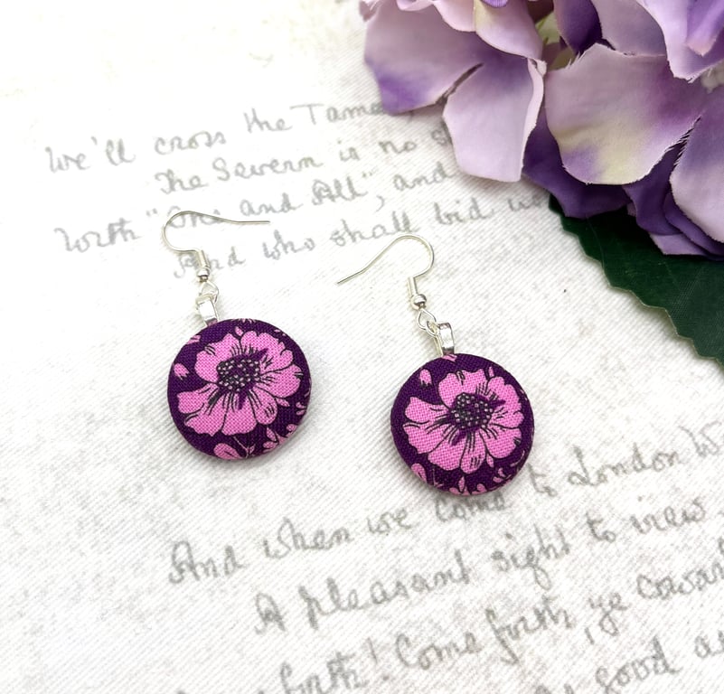 Deep plum and pink daisy floral fabric button dangle earrings 