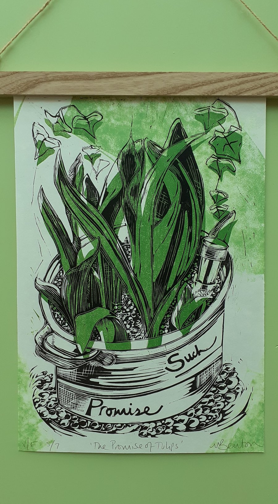 'The Promise of Tulips', Two Block Lino Print over Green (VE no.5 of 7)