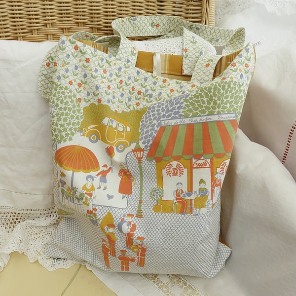 SALE French themed vintage fabric tote