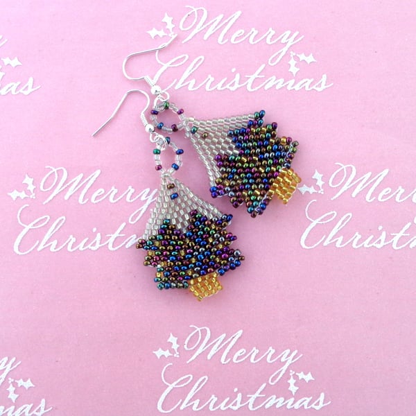 Christmas earrings Beaded snowy trees