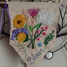 Wild Flowers Hanging Fabric Penant, Hand embroidered 
