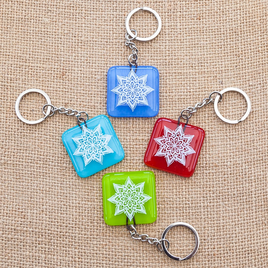 Mandala Fused Glass Keyrings Keychains Screen-printed Enamel Design Five