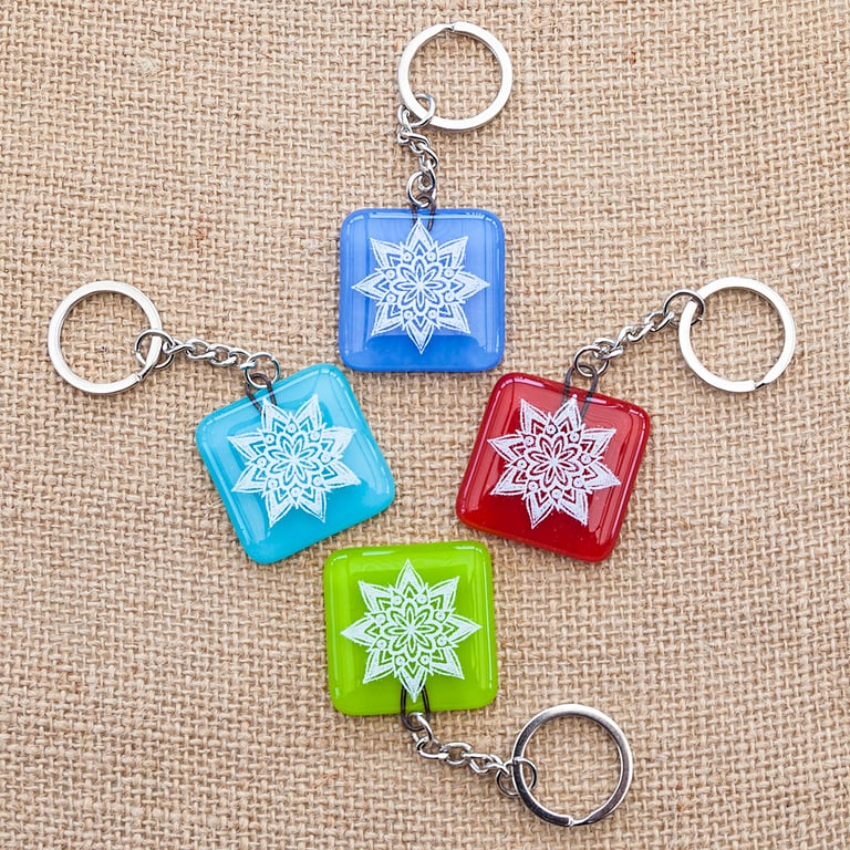 Mandala Fused Glass Keyrings Keychains Screen-printed Enamel Design Five