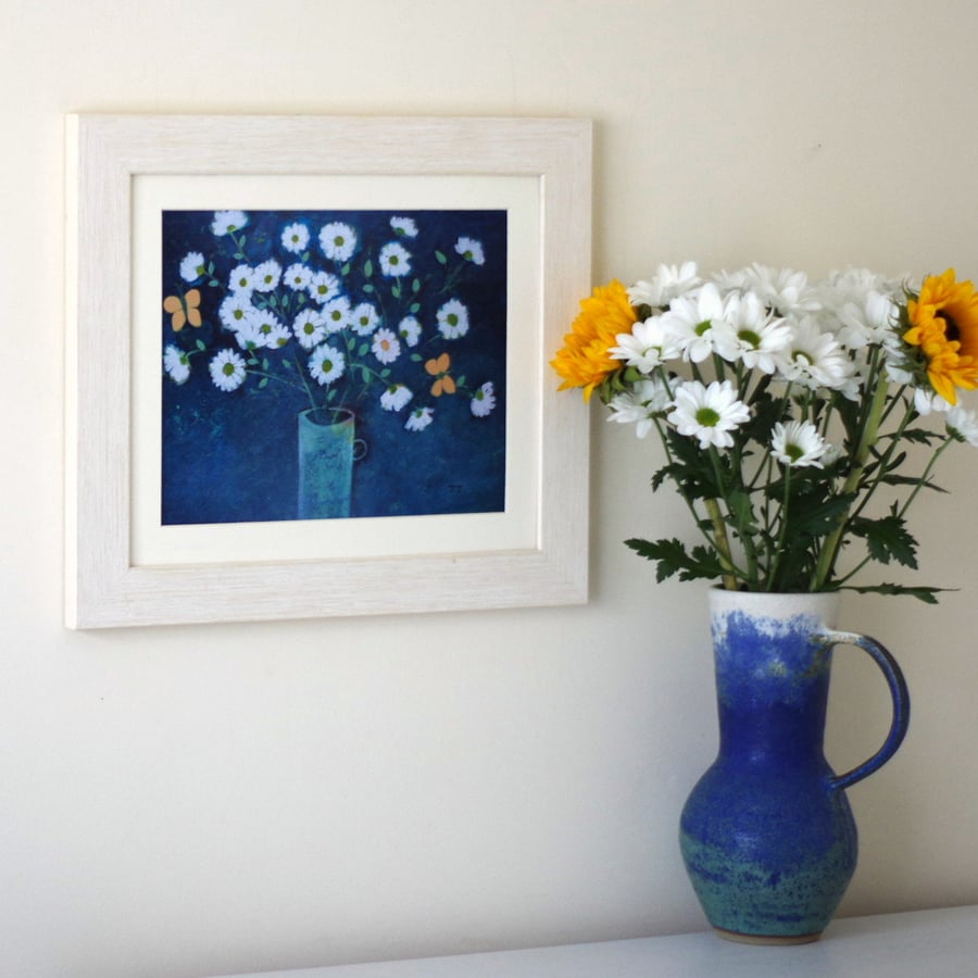 One Off Daisy Art Print with Yellow Butterflies after Original Floral Painting