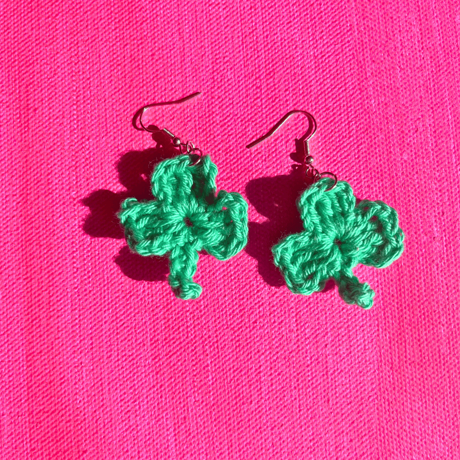 Handmade crochet three leaf clover earrings - Free postage