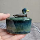 Perfectly imperfect Very small ceramic lidded pot with mallard duck