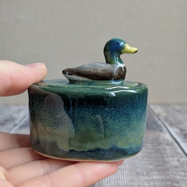 Perfectly imperfect Very small ceramic lidded pot with mallard duck