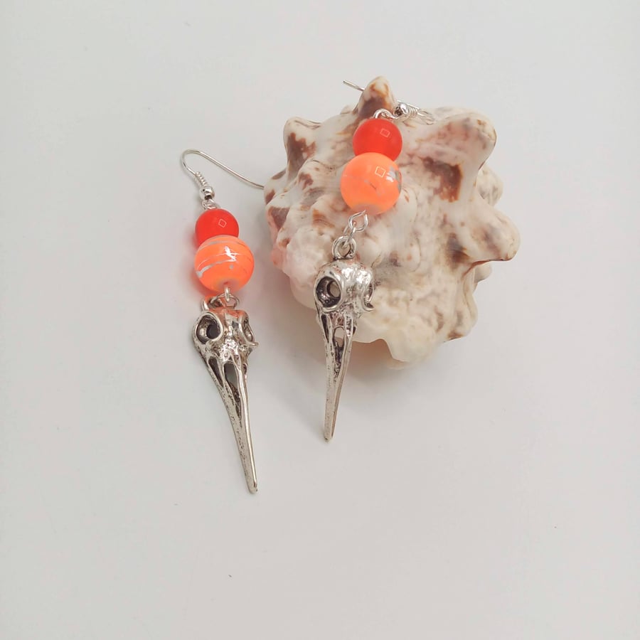 Bird's Skull Charm Earrings with Orange Beads, Beaded Earrings