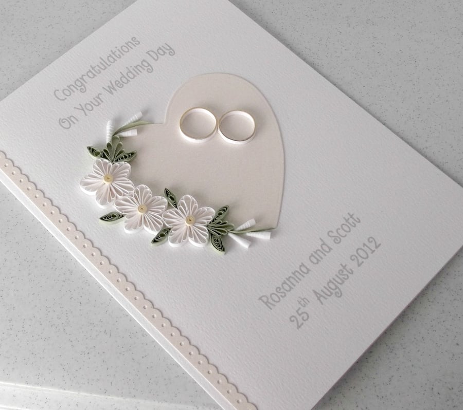 Personalised wedding day congratulations card with quilled flowers